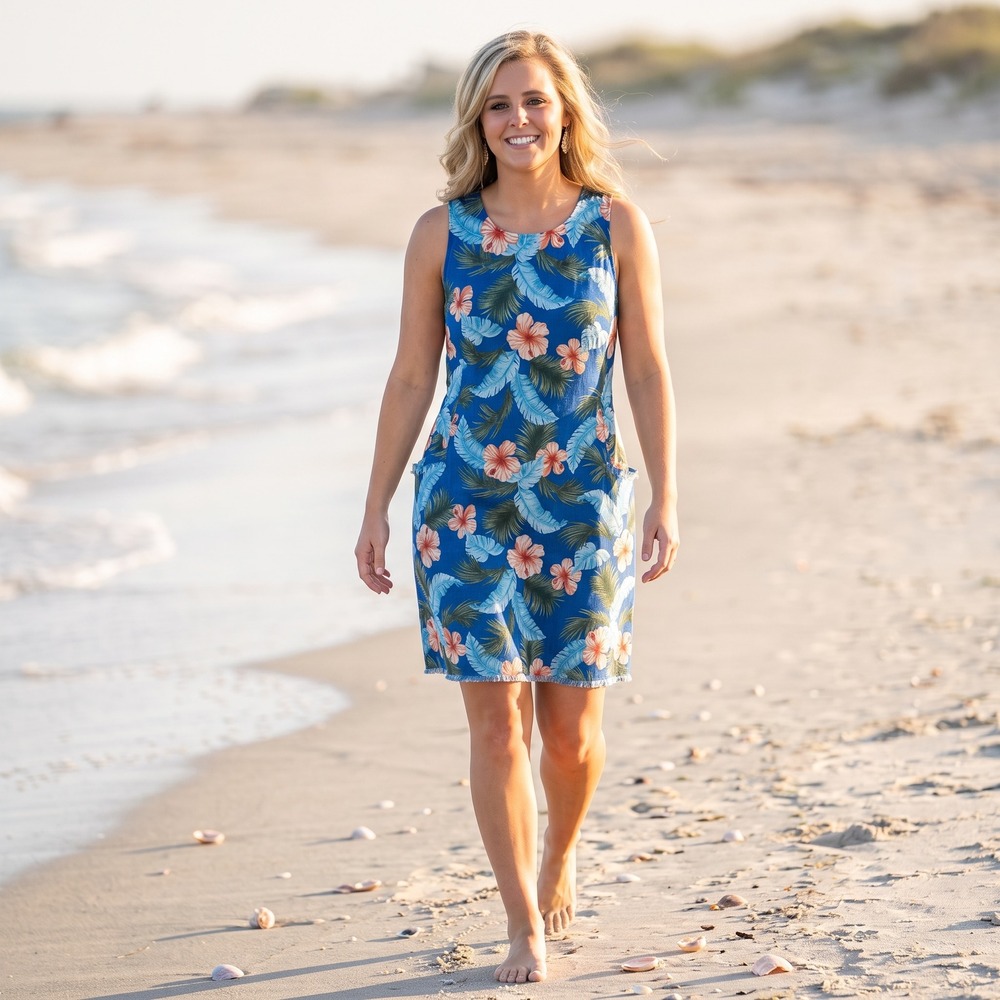 Tommy Bahama Blue 100% Linen Tropical Hibiscus Floral Frayed Hem Shift Dress XL